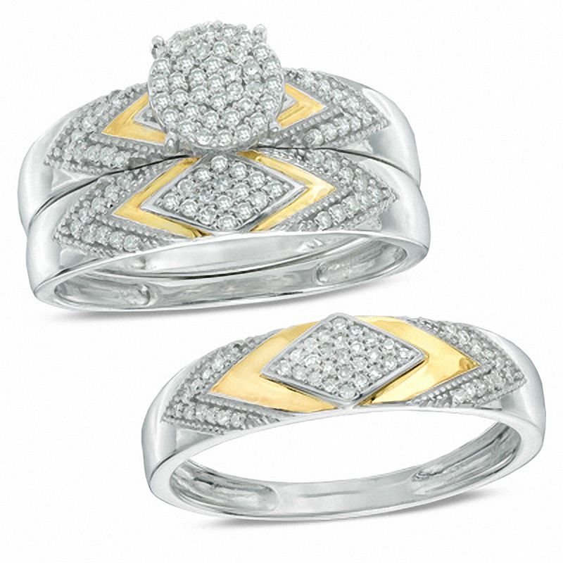 3/8 CT. T.W. Diamond Chevron Wedding Ensemble in Sterling Silver and 14K Gold Plate - Size 7 and 10.5