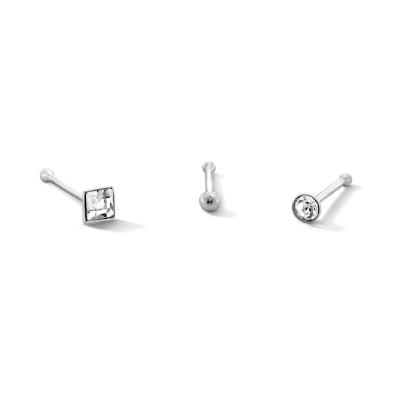 Semi-Solid Sterling Silver Crystal Nose Stud Set - 22G