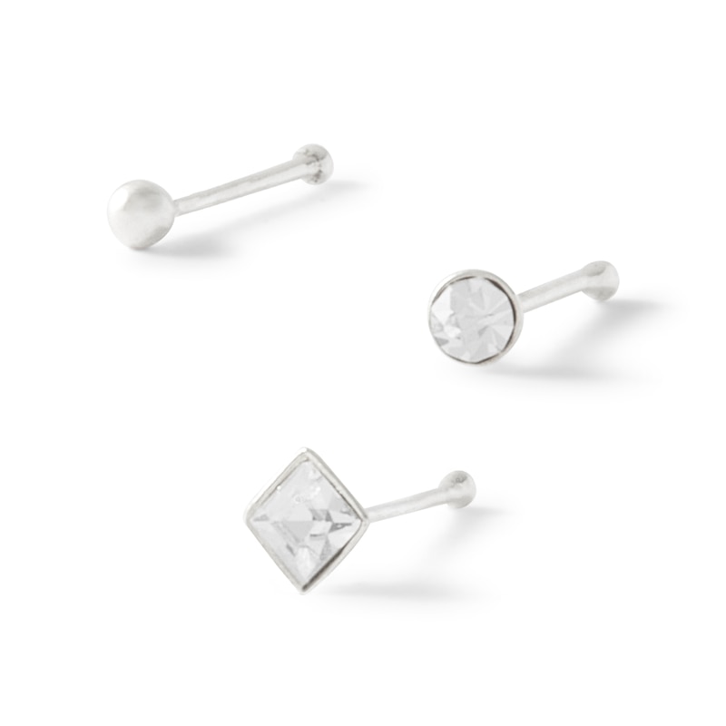 Semi-Solid Sterling Silver Crystal Nose Stud Set - 22G