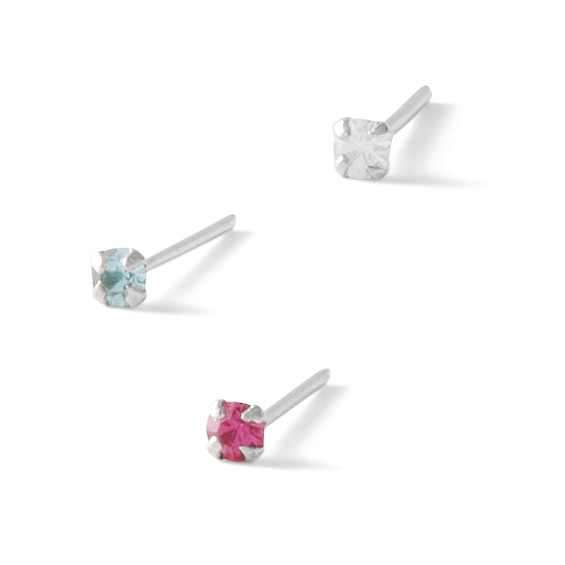 Semi-Solid Sterling Silver Crystal Nose Stud Set - 22G