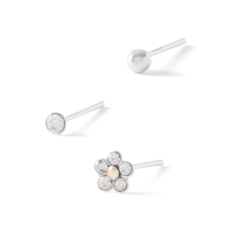 022 Gauge Crystal Nose Stud Set in Semi-Solid Sterling Silver