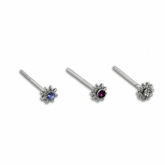 Semi-Solid Sterling Silver Crystal Multi-Color Flower Nose Stud Set - 22G