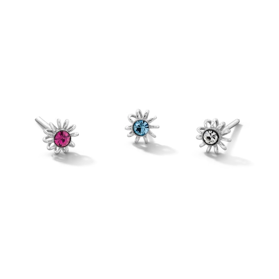 Semi-Solid Sterling Silver Crystal Multi-Color Flower Nose Stud Set - 22G