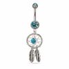 014 Gauge Dream Catcher Dangle Belly Button Ring with Light Blue Crystals in Stainless Steel