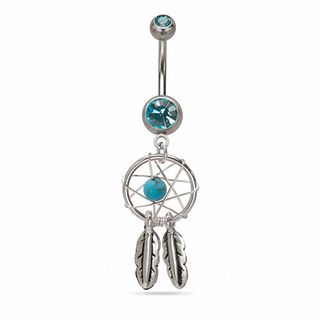 014 Gauge Dream Catcher Dangle Belly Button Ring with Light Blue Crystals in Stainless Steel