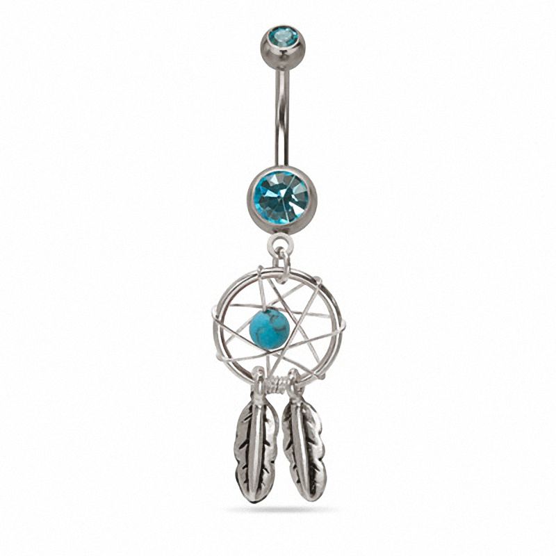 014 Gauge Dream Catcher Dangle Belly Button Ring with Light Blue Crystals in Stainless Steel