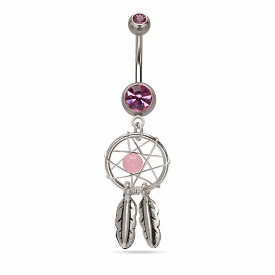 014 Gauge Dream Catcher Dangle Belly Button Ring with Crystals in Stainless Steel