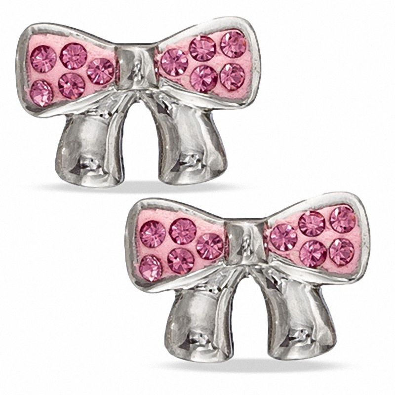 Main Image 1 of Child's Pink Crystal Bow Stud Earrings in Sterling Silver