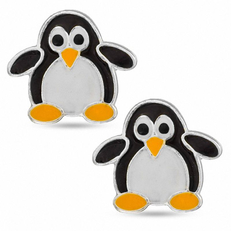 Child's Enamel Penguin Stud Earrings in Sterling Silver