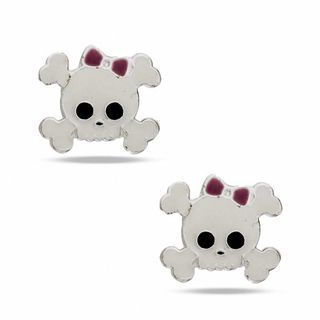 Child's Enamel Skull with Bow Stud Earrings in Sterling Silver