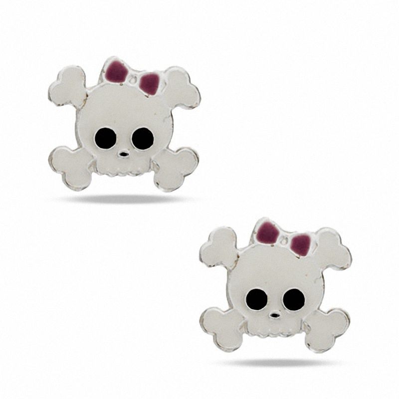 Child's Enamel Skull with Bow Stud Earrings in Sterling Silver