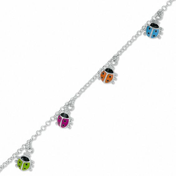 Child's Multi-Color Enamel Ladybug Dangle Bracelet in Sterling Silver - 6"
