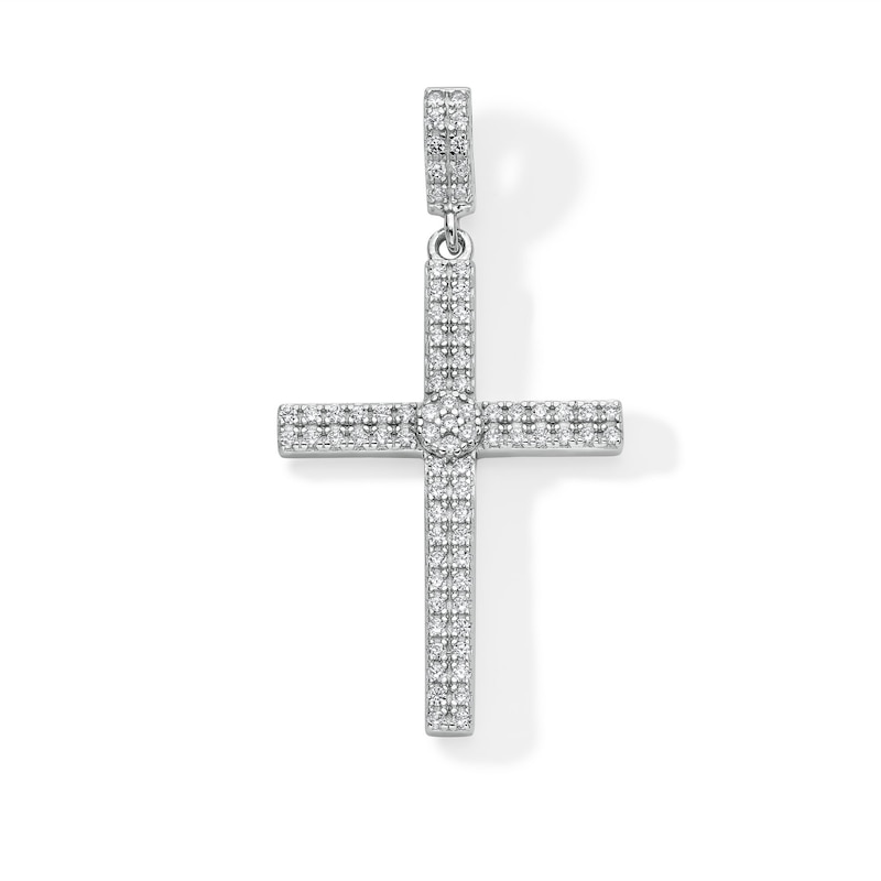 Solid Sterling Silver CZ Double Row Cross Necklace Charm
