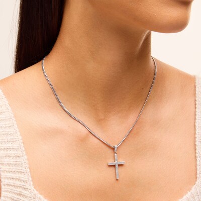 Solid Sterling Silver CZ Double Row Cross Necklace Charm