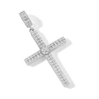 Solid Sterling Silver CZ Double Row Cross Necklace Charm