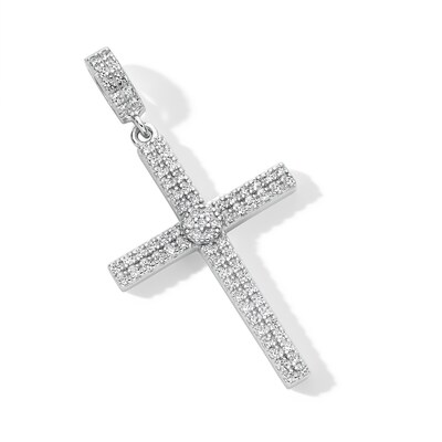 Solid Sterling Silver CZ Double Row Cross Necklace Charm