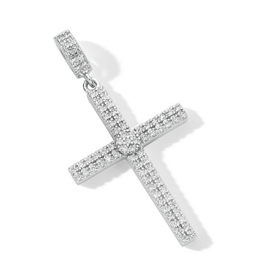 Solid Sterling Silver CZ Double Row Cross Necklace Charm
