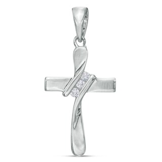 Cubic Zirconia Slant Twisted Cross Charm in Sterling Silver