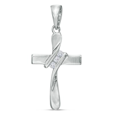 Cubic Zirconia Slant Twisted Cross Charm in Sterling Silver