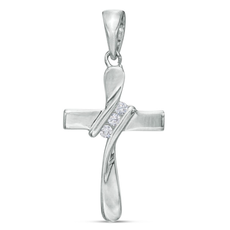 Cubic Zirconia Slant Twisted Cross Charm in Sterling Silver