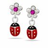 Child's Pink and White Crystal Flower with Enamel Ladybug Drop Earrings in Sterling Silver