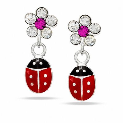 Child's Pink and White Crystal Flower with Enamel Ladybug Drop Earrings in Sterling Silver