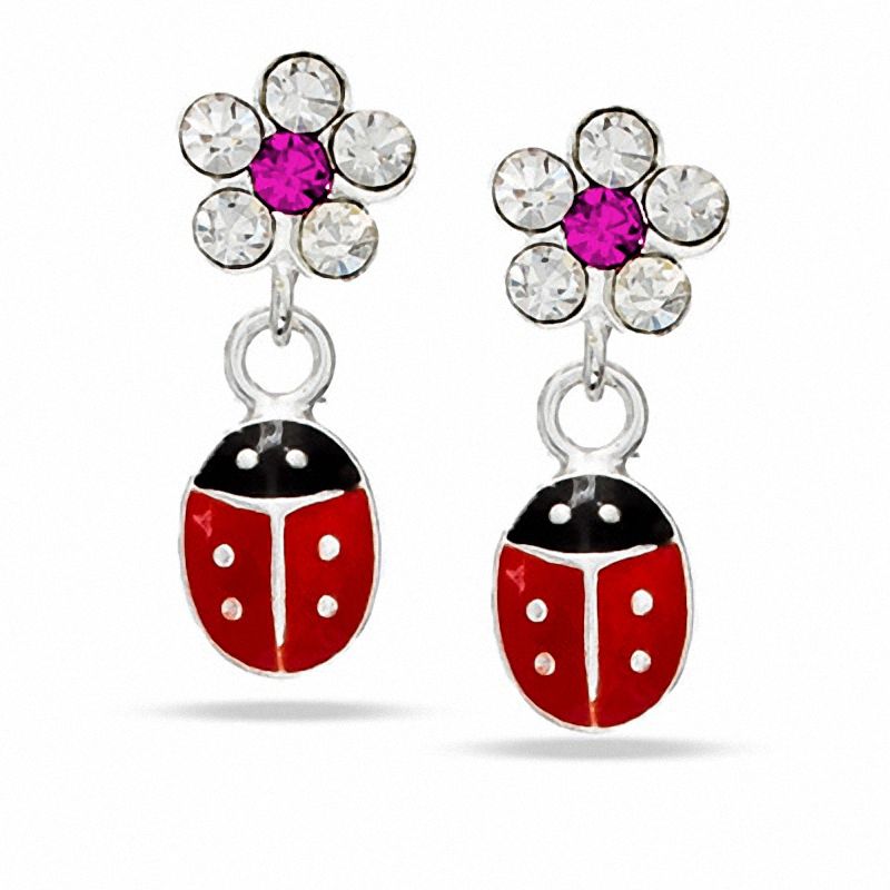 Child's Pink and White Crystal Flower with Enamel Ladybug Drop Earrings in Sterling Silver