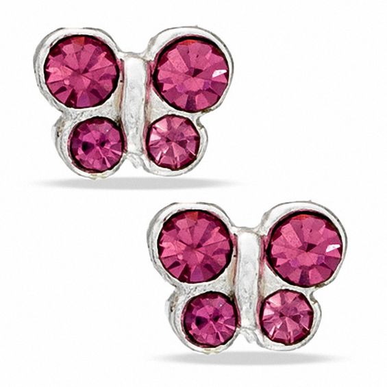 Child's Pink Crystal Butterfly Stud Earrings in Sterling Silver