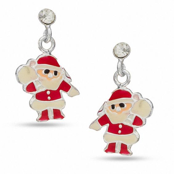 Child's Crystal Enamel Santa Drop Earrings in Sterling Silver
