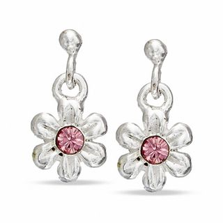 Child's Pink Crystal Flower Drop Earrings in Sterling Silver