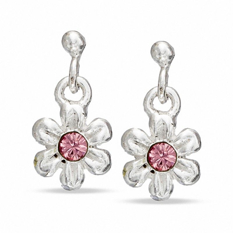 Child's Pink Crystal Flower Drop Earrings in Sterling Silver