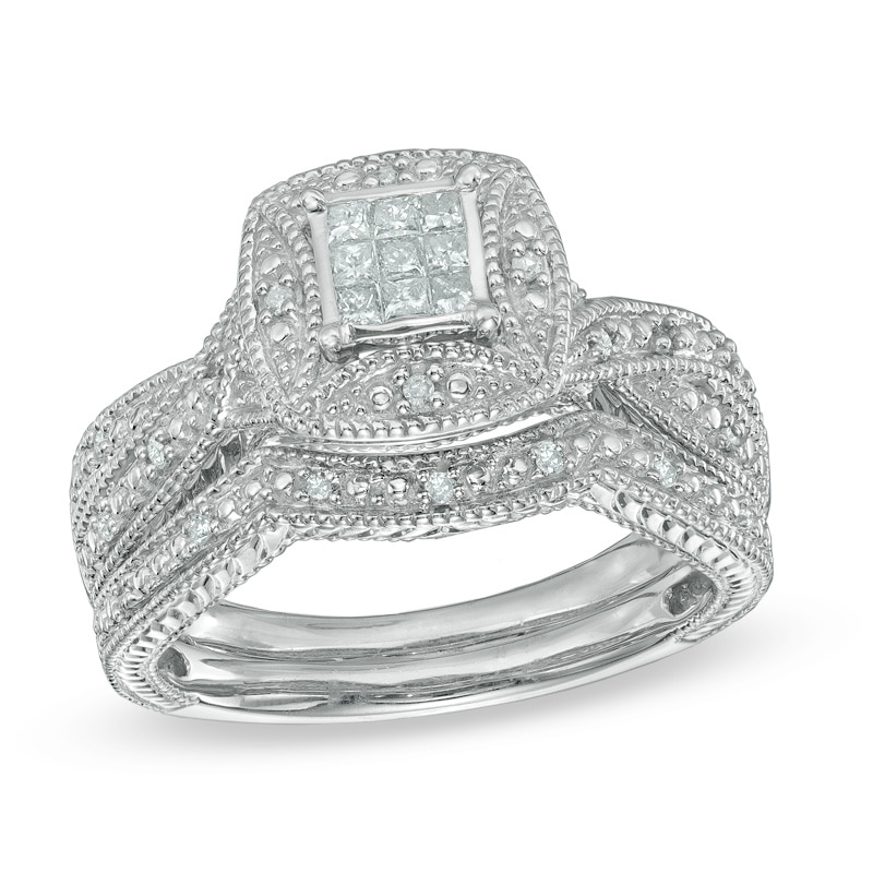 1/4 CT. T.W. Princess-Cut Diamond Composite Frame Vintage-Style Bridal Set in Sterling Silver - Size 7