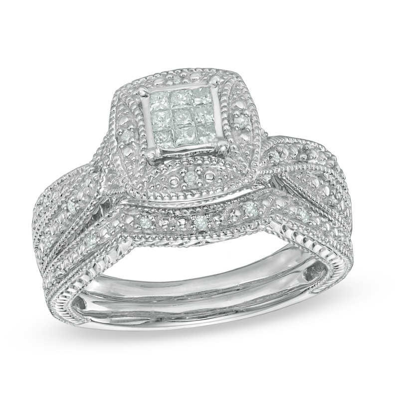 Main Image 1 of 1/4 CT. T.W. Princess-Cut Diamond Composite Frame Vintage-Style Bridal Set in Sterling Silver - Size 7