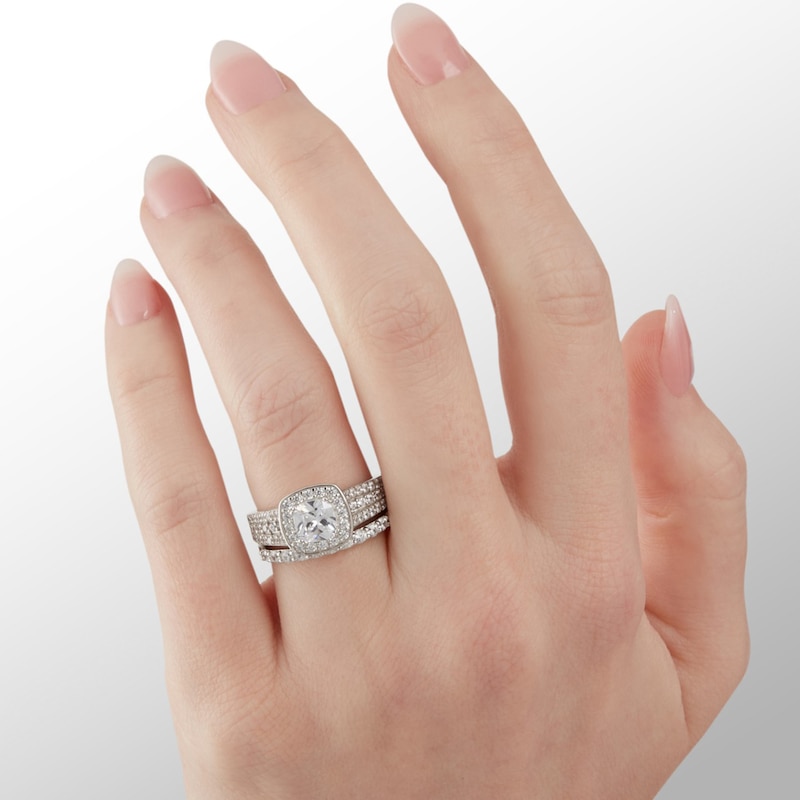 7mm Cubic Zirconia Frame Engagement Ring in Sterling Silver