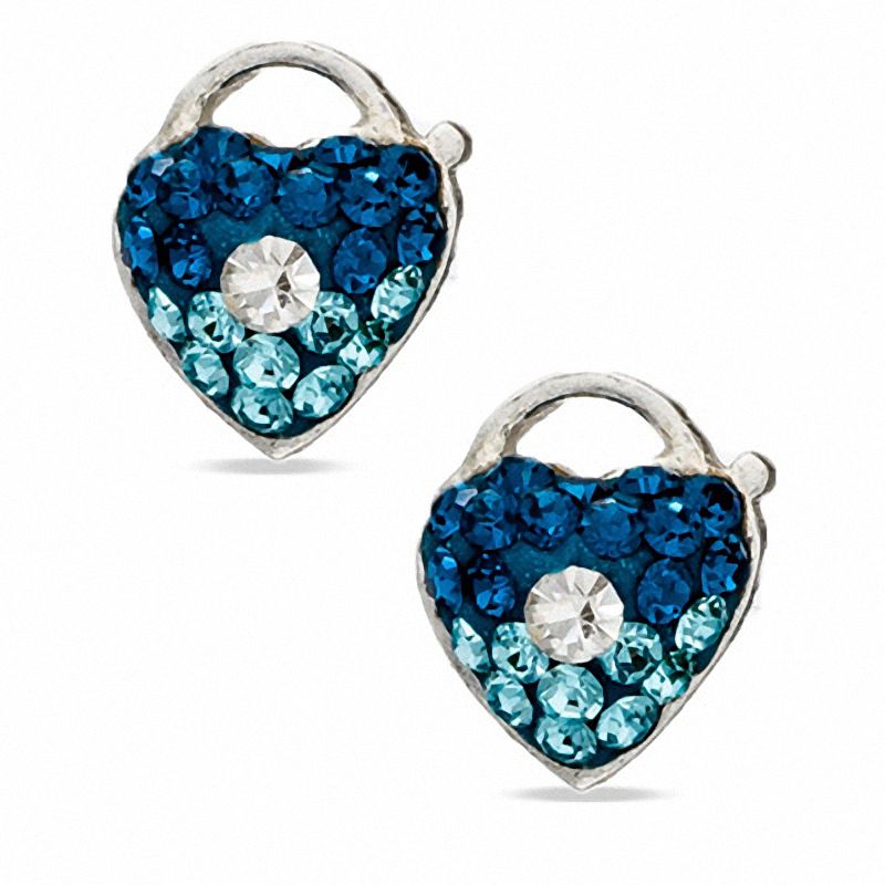 Main Image 1 of Child's Multi-Blue Crystal Heart Lock Stud Earrings in Sterling Silver