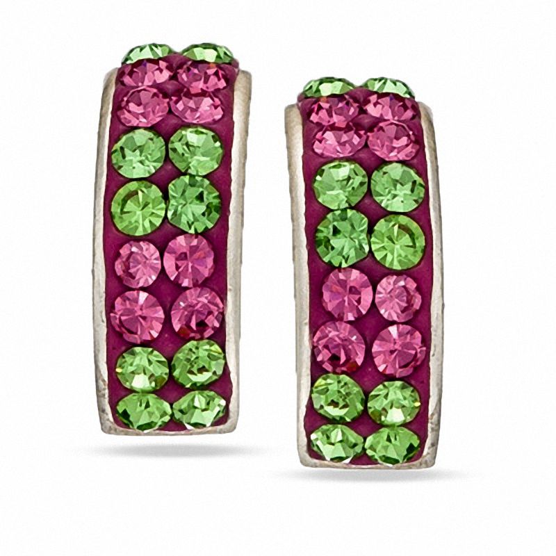 Child's Pink and Green Crystal Double Row Hoop Earrings in Sterling Silver