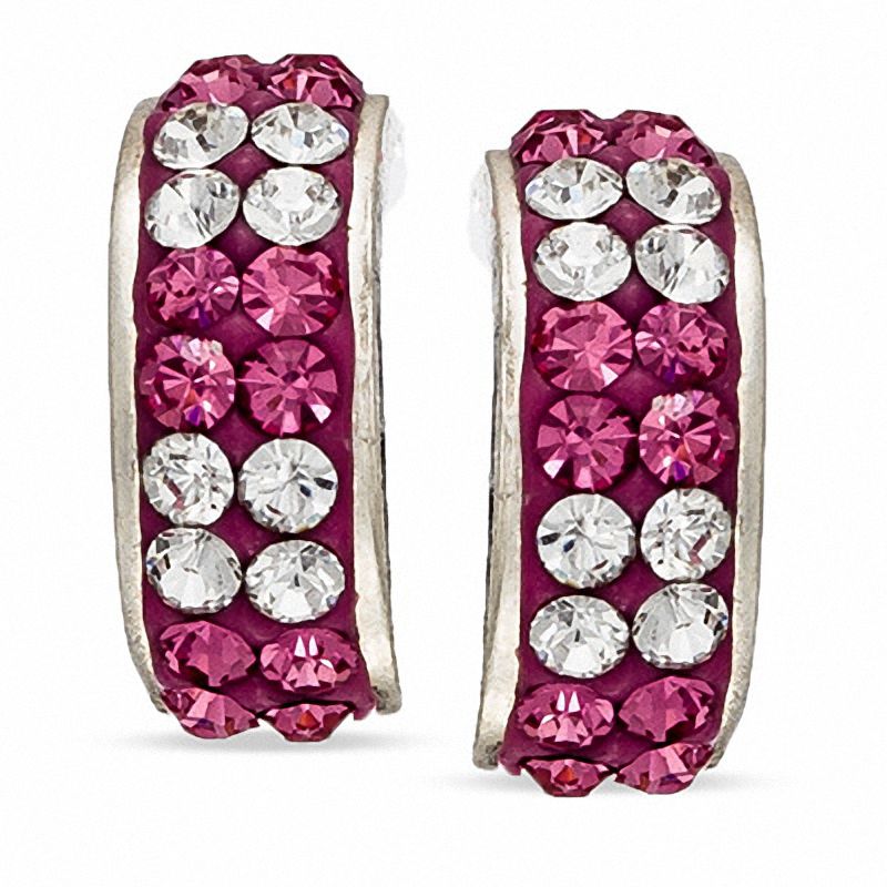 Child's Pink and White Crystal Double Row Hoop Earrings in Sterling Silver