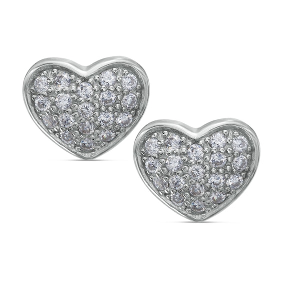 Cubic Zirconia Puffed Heart Stud Earrings in Sterling Silver