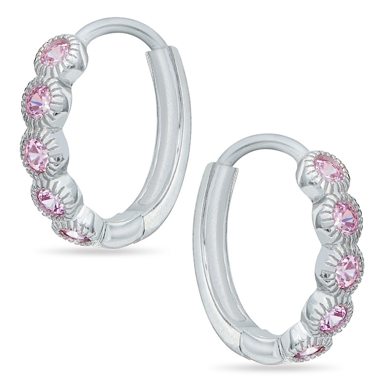 Pink Cubic Zirconia Five Stone Hoop Earrings in Sterling Silver