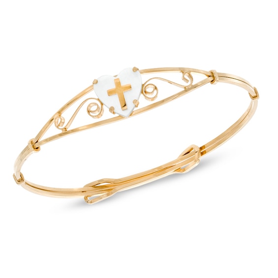 Child's Heart-Shaped Mother-of-Pearl with Cross Adjustable Bangle in 14K Gold Fill - 5.25"