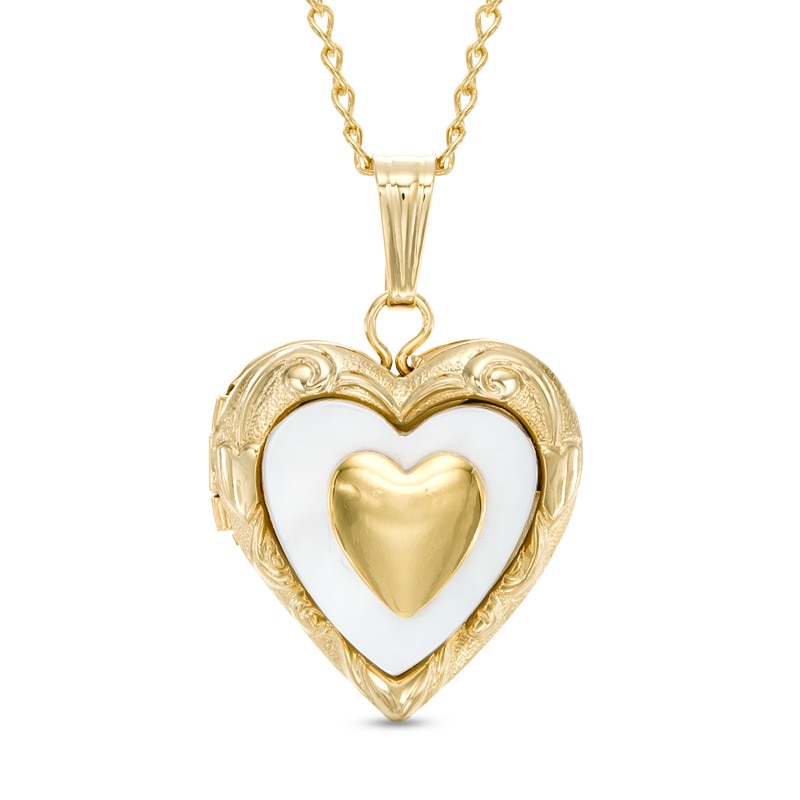 Main Image 1 of Child's Mother-of-Pearl Heart Locket Pendant in 14K Gold Fill - 15"