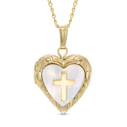 Child's Heart-Shaped Mother-of-Pearl with Cross Locket Pendant in 14K Gold Fill - 15&quot;