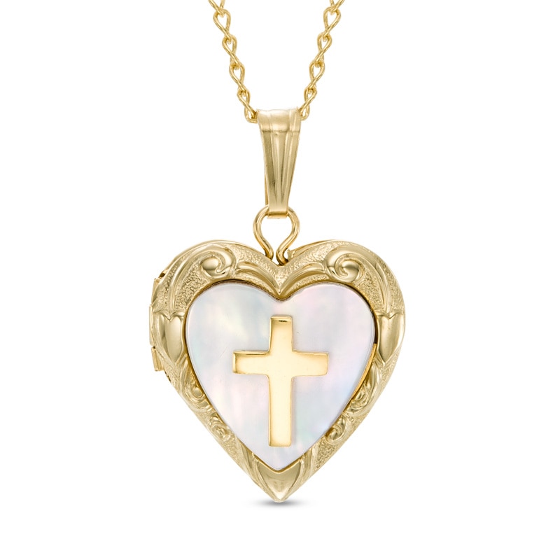 Child's Heart-Shaped Mother-of-Pearl with Cross Locket Pendant in 14K Gold Fill - 15"