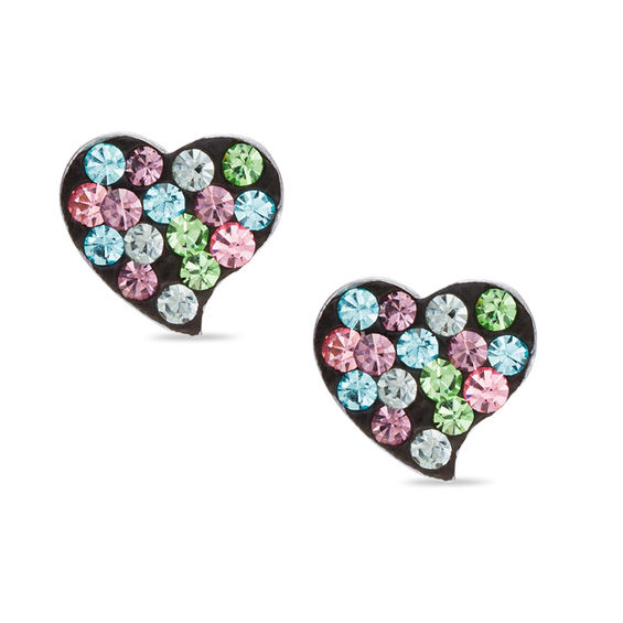 Multi-Color Crystal Heart Stud Earrings in Sterling Silver