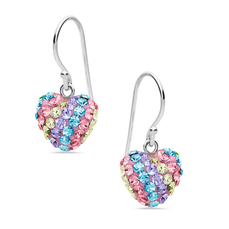 Multi-Color Crystal Heart Drop Earrings in Sterling Silver