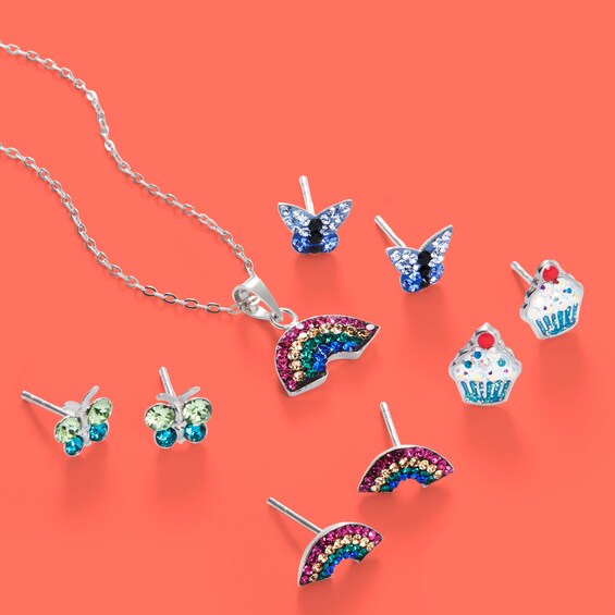 Child's Blue and Green Crystal Butterfly Stud Earrings in Sterling Silver