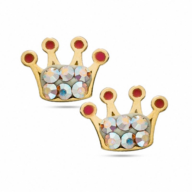 Cubic Zirconia Enamel Crown Stud Earrings in 10K Gold