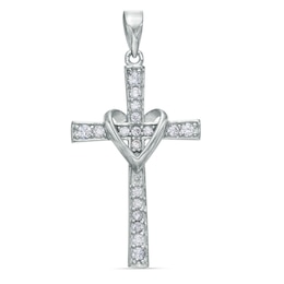 Cubic Zirconia Heart Wrapped Cross Charm in Sterling Silver