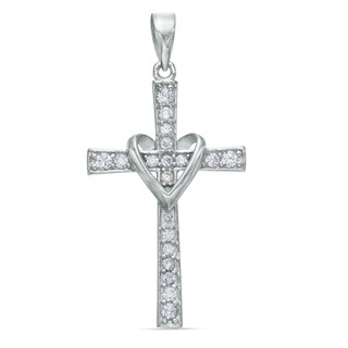 Sterling Silver CZ Heart Wrapped Cross Necklace Charm