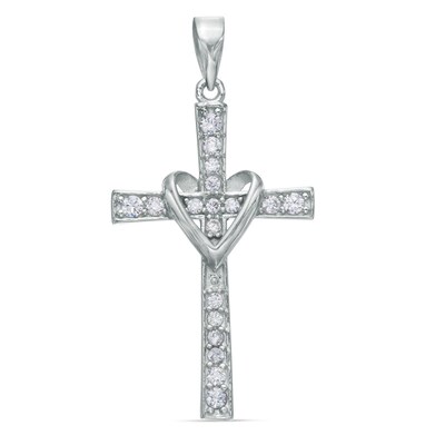 Sterling Silver CZ Heart Wrapped Cross Necklace Charm